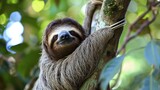 Fototapeta  -  a three - toed sloth hanging from a tree branch in a tree, with its front paws on the branch of a tree, in the foreground, a blurry background of leaves,.