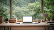 Laptop, and Scenic Forest View, Harmony of Technology and Nature: Tranquil Office Desk with Computer, - Banner of Creative Work Environment