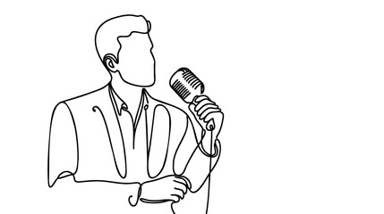 Wall Mural - Young man singing in a retro microphone. Continuous one line drawing. Vector illustration