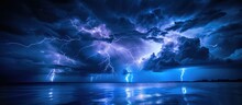Intense Lightning At Night, Above Water.