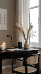 Canvas Print - Minimalist composition of warm workspace interior with black desk, rattan armchair, candels, notebook and personal accessories.