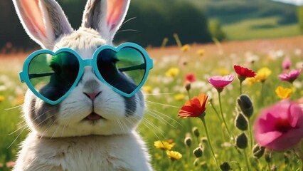 Wall Mural - Adorable bunny wearing heart shaped sunglasses in a colorful spring meadow looped animation