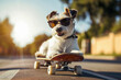Generative AI illustration of funny dog with sunglasses riding a skateboard