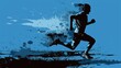  a silhouette of a man running on a blue and black grungy background with a splash of paint in the middle of the image and a splash of the running man.