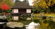 Japan garden house with a pond in front in 