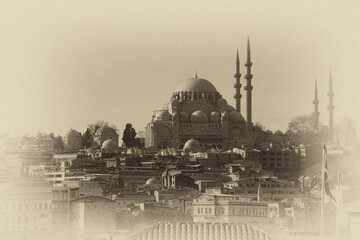 Wall Mural - old sepia card style of Suleymaniye Mosque Ottoman imperial in Istanbul, Turkey. It is the largest mosque in the city.