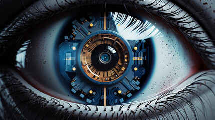 high tech iris, ai, modern technology, cyborg human, future eye enhancement, symbol of progress in technology 