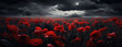 A poignant field of red poppies stands bold against a brooding sky, symbolizing remembrance and the resilience of life amidst somber reflections
