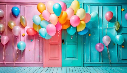 Wall Mural - a colorful door with balloons coming out in the style of photorealistic still life light pink and azure colorful chaos