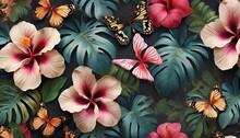 Seamless Tropical Wallpaper With Flowers Leaves Butterflies Floral Pattern With Hibiscus Dark Vintage Botanical Background Premium 3d Illustration Luxury Design For Wallpaper Paper Clothing