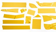 Set Of Yellow Tapes On White Background Torn Horizontal And Different Size Yellow Sticky Tape Adhesive Pieces