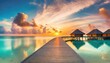 amazing beach landscape beautiful maldives sunset seascape view horizon colorful sea sky clouds over water villa pier pathway tranquil island lagoon tourism travel background exotic vacation