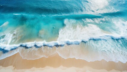 Poster - summer seascape beautiful waves blue sea water in sunny day top view from drone sea aerial view amazing tropical nature background beautiful bright sea with waves splashing and beach sand concept