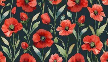 Floral Seamless Pattern With Hand Drawn Watercolor Red Poppy Flowers Dark Vintage Wallpaper Luxury Botanical Background Glamor Ornament Illustration Design For Fabric Wallpaper Mural Blogging