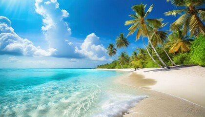 Wall Mural - beautiful tropical beach sea waves white sand palm trees turquoise ocean against sunny blue sky clouds happy summer day perfect landscape background for relaxing vacation amazing maldives travel