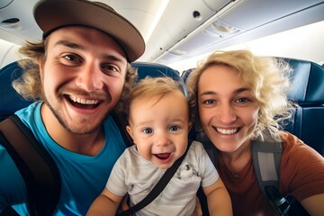 Wall Mural - family selfie in airplane, Generative AI