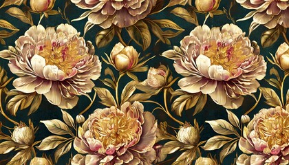 Wall Mural - vintage botanical pattern seamless floral background with luxurious peonies picturesque wallpaper with golden lines lush flowers lovely garden illustration design for fabric textile clothing