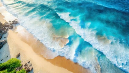 Wall Mural - relaxing aerial beach scene summer vacation holiday template banner waves surf with amazing blue ocean lagoon sea shore coastline perfect aerial drone top view peaceful bright beach seaside