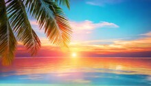 Beautiful Sea Sunset Landscape Ocean Sunrise Tropical Island Beach Dawn Palm Tree Leaves Silhouette Blue Water Colorful Red Pink Orange Yellow Sky Clouds Sun Reflection Summer Holidays Vacation