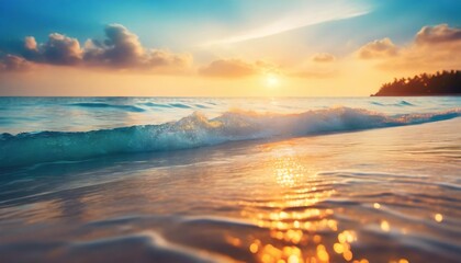 Wall Mural - sea wave splash sunset blurred bokeh background ocean water surf ripple texture sunrise soft focus tropical island beach dawn sundown orange sun shine reflection summer holiday vacation travel