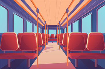 Wall Mural - Cartoon Color Empty School Bus with Passenger Seats Interior Inside Scene Concept Flat Design Style. Vector illustration