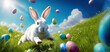 © LilaVert - White bunny runs after Easter eggs flying in the blue sky of a meadow. Colored and decorated Easter eggs. Card, banner - Commercial events. Copy-space