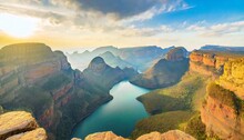 Blyde River Canyon Blue Lake Three Rondavels And God S Window Drakensberg Mountains National Park Panorana On Beautiful Sunset Light Background Top View South Africa Mpumalanga Province