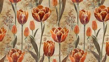 Vintage Seamless Pattern With Tulips Shabby Background With Monograms Luxury Vintage Floral Wallpaper Orange And Brown Colors Watercolor Illustration Texture For Fabric Paper Wallpaper Design