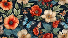 Floral Seamless Pattern With Flowers Leaves Butterflies Luxury 3d Illustration Premium Vintage Wallpaper Glamorous Art With Lilies And Poppies Dark Background For Fabric Printing Cloth Posters