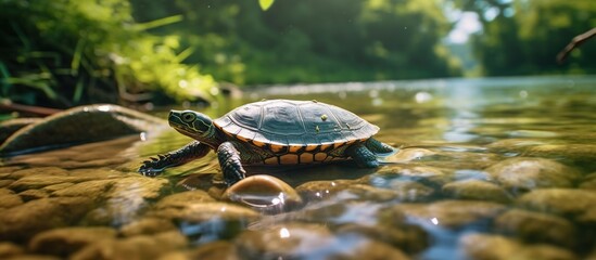 A turtle is walking in a shallow river