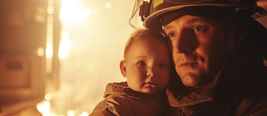 Sticker - Firefighter rescues baby from burning building in dangerous situation.