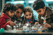 © Moritz - Group of passionate young students engaged in a fun, educational science project at their school laboratory. Animated kids brainstorming and tinkering with science experiments in class. Stem education