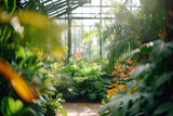 Fototapeta Storczyk - The lush tropical beauty of a greenhouse - A tranquil oasis filled with an array of plants, leafy foliage, and exotic flowers bathed in soft sunlight. Ideal scenery for relaxation and plant cultivatio