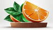 On a white background, a front view of an orange slice that is whole and surrounded by green leaves