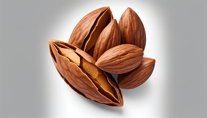 An overhead view isolated brown almonds on a white background