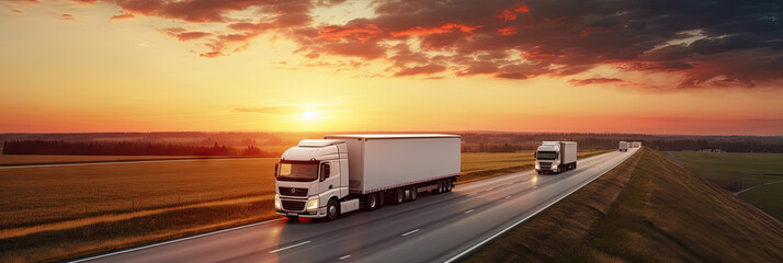 Wall Mural - Arafa truck drives on a highway with a sunset in the background. Suitable for transportation, logistics, and travel-related designs, representing the beauty of a scenic road trip.