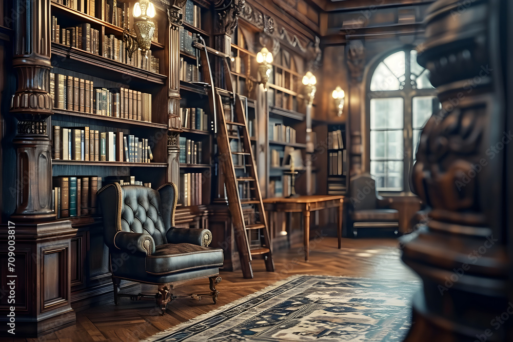 Interior of an old library with lots of books and vintage furniture ...