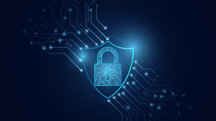 Leinwandbilder - Cybersecurity and information protection. Data protection concept design for personal privacy, and cyber security. Blue color abstract technology. Shield With Keyhole icon, Vector and Illustration.