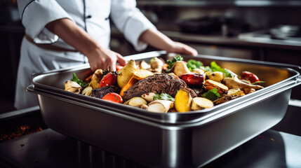 Canvas Print - A person a white shirt is placing vegetables into a pan. This versatile asset is perfect for cooking blogs, recipe illustrations, and promotional materials for culinary events.