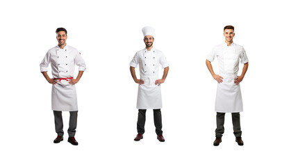 Set of images of a smiling male chef looking at the camera, isolated, full body, on a transparent background PNG.