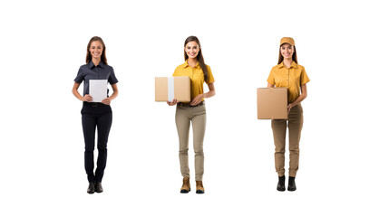 Set of images of smiling female courier looking at camera, full body, on transparent background PNG