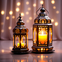 Arabic Ramadan lantern with a burning candle.