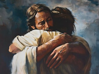 Wall Mural - Jesus Christ hugging and comforting a man, oil painting