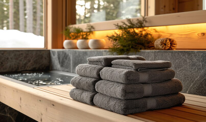 Wall Mural - White clean towels on table in spa room. Space for text