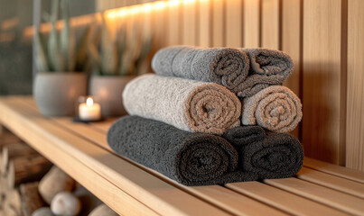 Wall Mural - White clean towels on table in spa room. Space for text