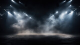 Fototapeta  - Spotlight's Dance: A mesmerizing abstract light display in an empty night club, with a dark blue backdrop, illuminated stage, and bright beams of light cutting through the smoke-filled room.