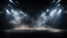 Spotlight's Dance: A Mesmerizing Abstract Light Display In An Empty Night Club, With A Dark Blue Backdrop, Illuminated Stage, And Bright Beams Of Light Cutting Through The Smoke-filled Room.