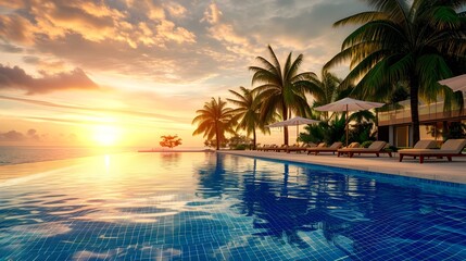 Swimming pool at luxury hotel resort with palm trees and sunset.