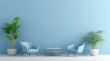 A stylish minimalistic interior design featuring two blue armchairs and decorative plants against a serene blue wall.