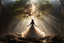 Fantastic Woman Of  Standing In Front Of A Majestic Tree With Branches Sparkling Stars Against The Background Of The Night Sky. Concept: Illustration Of The Tree Of Life From Mythology.